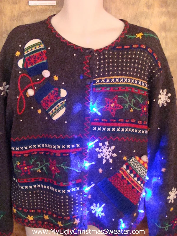Christmas Starry Outdoor Lights Mittens and Snow Light Up Ugly Xmas Sweater