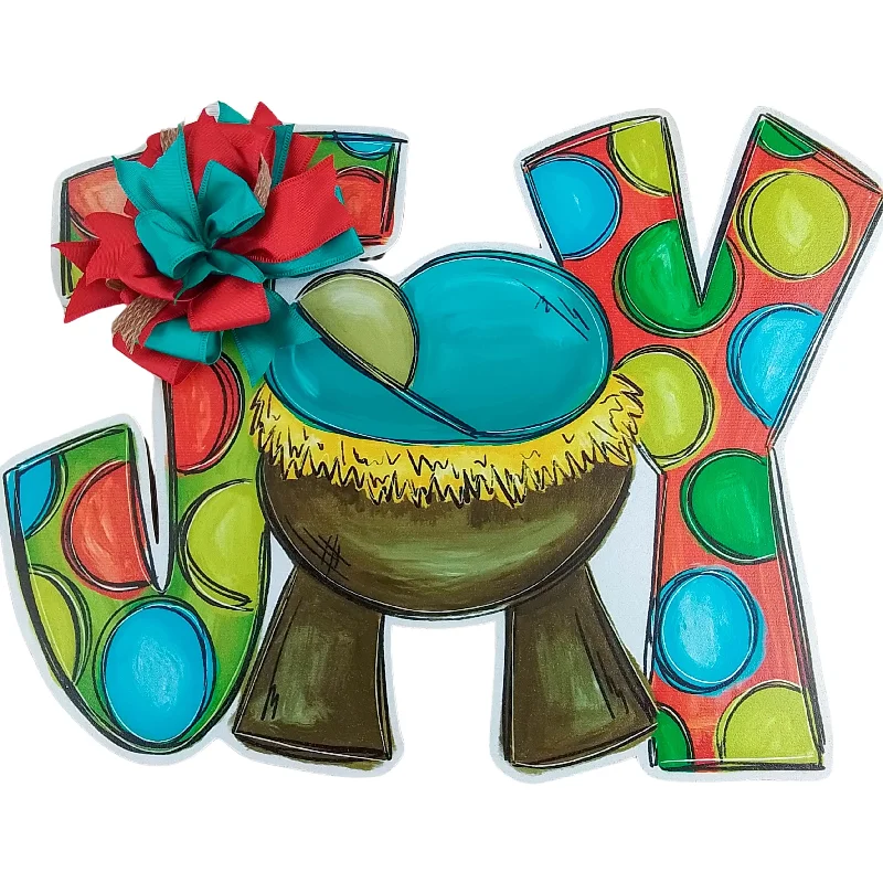 Christmas Festive Candle Arrangements Nativity Door Hanger, JOY Manger Scene Decor, Festive Polka Dot Design