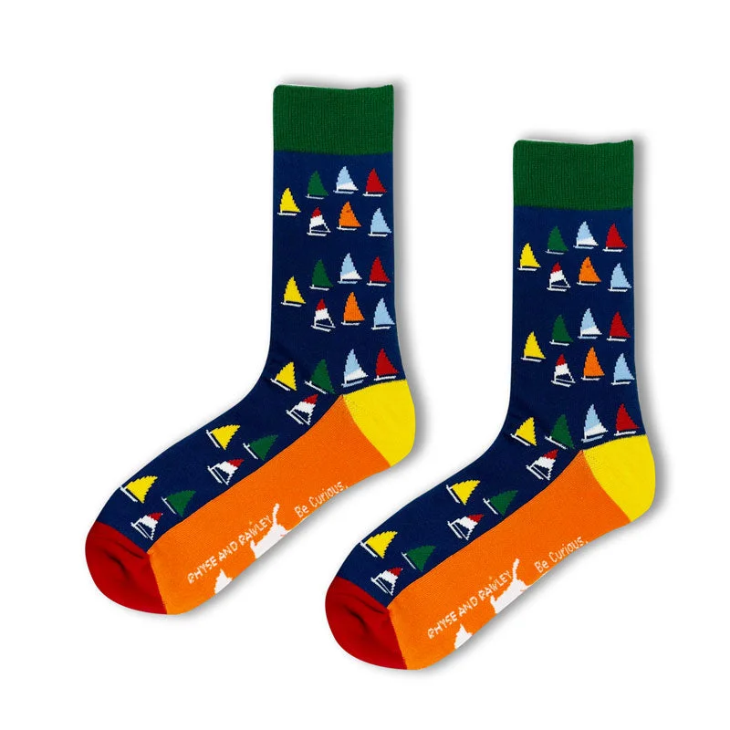 Christmas Cheerful Holiday Atmosphere Navy Nantucket Rainbow Fleet SailBoats Socks