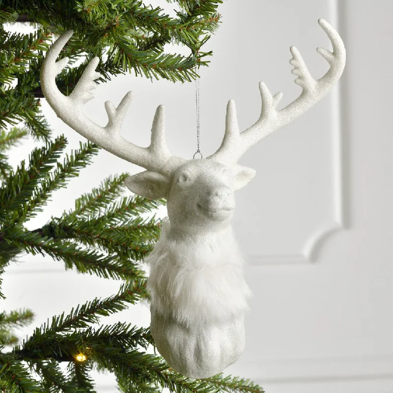 Christmas Warming Cocoa Sips Noel White Glitter Deer Head Ornament