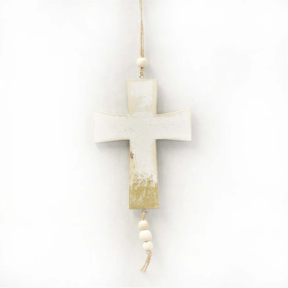 Christmas Cozy Handmade Decorations Ornament - 8 in Distressed Cross - Ivory Gold