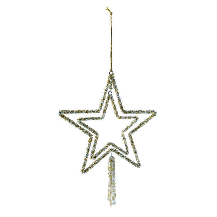 Christmas Glittery Star Decor Ornament - Glass Beaded Metal Star with Tassel