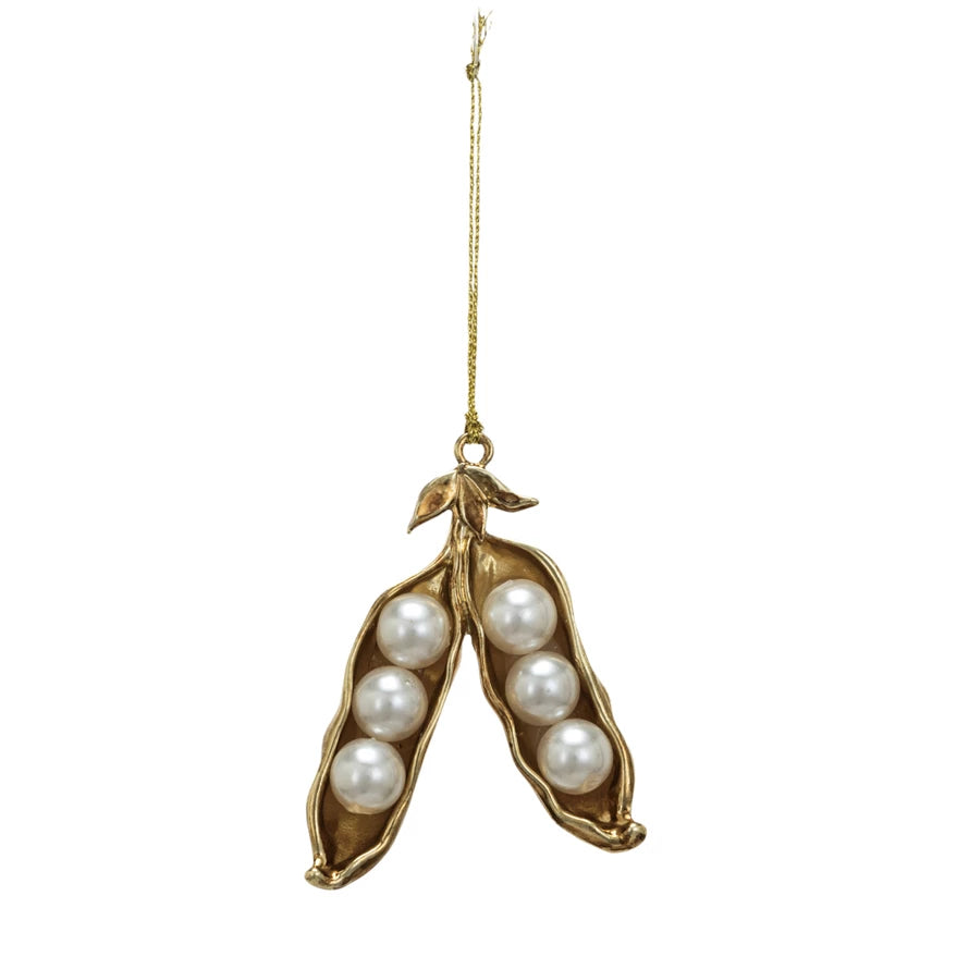Christmas Winter Scenery Ornament - Pearl Pea Pod Ornament- Gold Cream