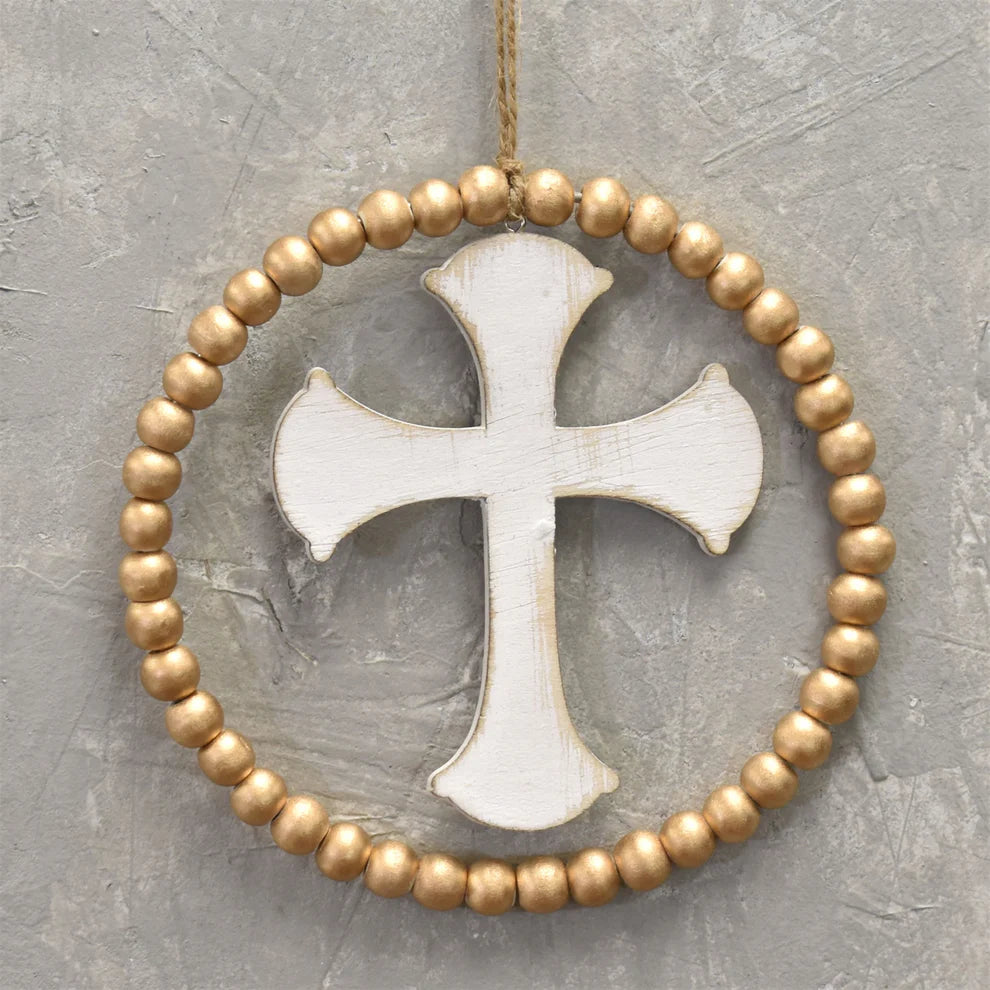 Christmas Glittering Snowy Roofs Ornament - Wooden Cross And Bead Gold Ivory