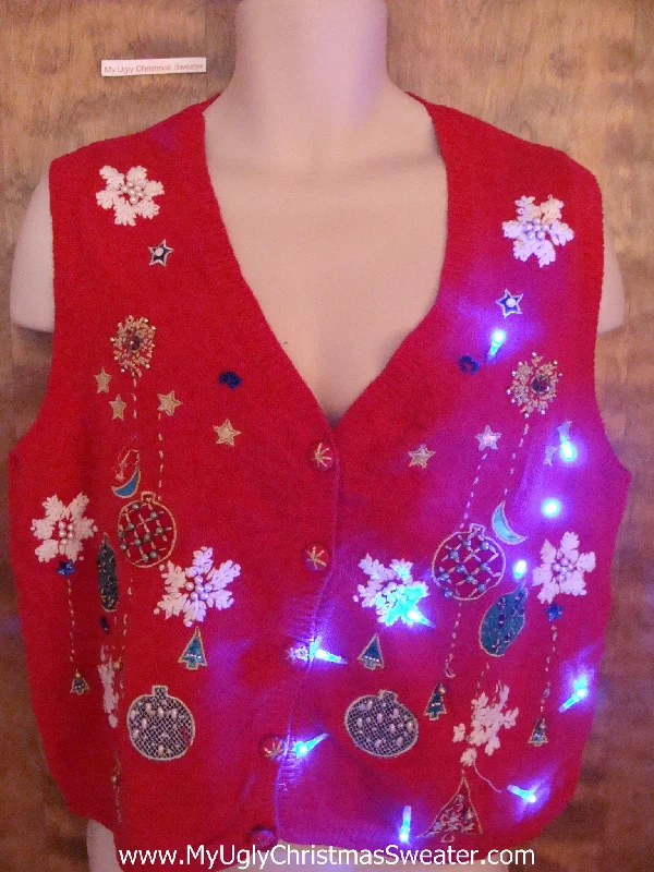 Christmas Fireplace Ornaments and Snowflakes Light Up Ugly Xmas Sweater Vest