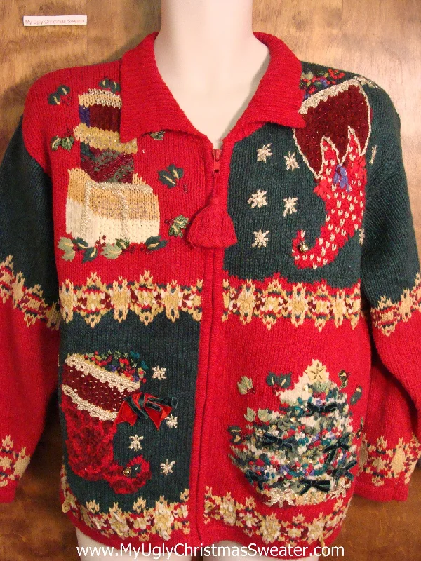 Christmas Fireside Hot Drinks Ornate 80s 2sided Red Ugly Christmas Jumper
