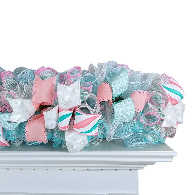 Holiday Season Pastel Pink Garland, Burlap and Deco Mesh Decor, Festive Ribbon Home Decoration Holiday Season Pastel Pink Garland, Burlap and Deco Mesh Decor, Festive Ribbon Home Decoration