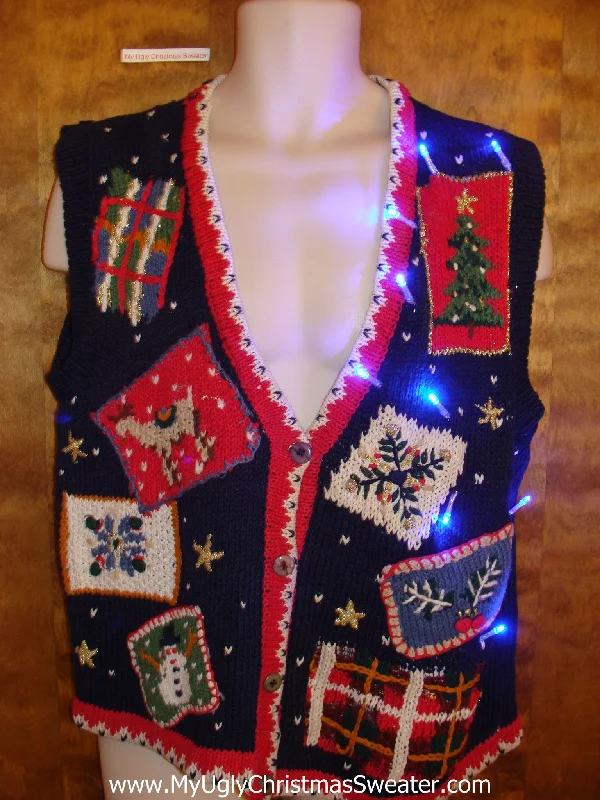 Christmas Peaceful Holiday Nights Patchwork Mess Light Up Ugly Xmas Sweater Vest
