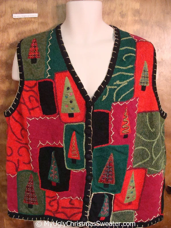 Holiday Season Patchwork Trees Cheap Christmas Sweater Vest