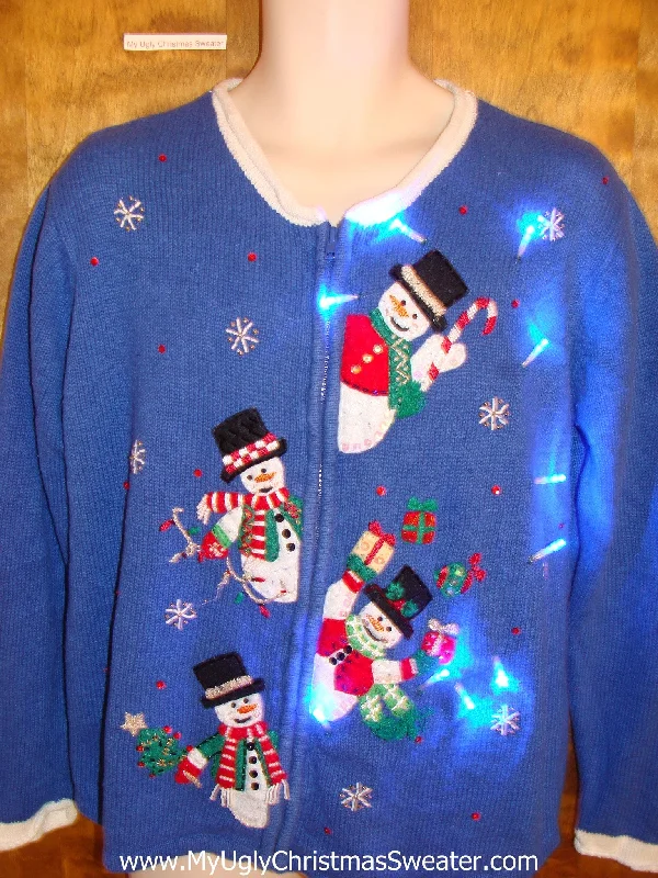 Christmas Snow Globe Decorations Peaking Snowmen Blue Light Up Ugly Xmas Sweater