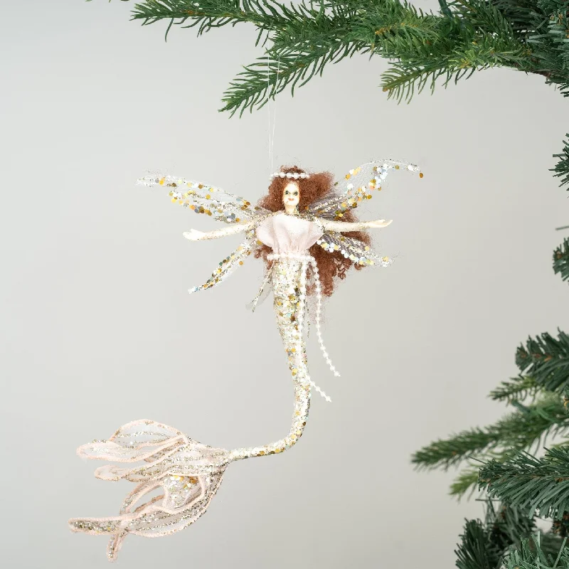 Christmas Night Platinum Mermaid Fairy Ornament with Pink Glitter