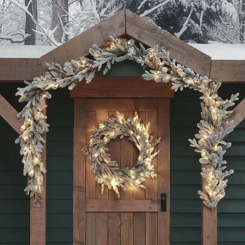 Christmas Fireplace Pre Lit Outdoor Snowy Christmas Wreath & Garland