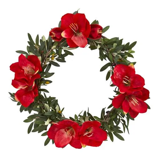 Christmas Caroling 21" Olive with Amaryllis Artificial Wreath