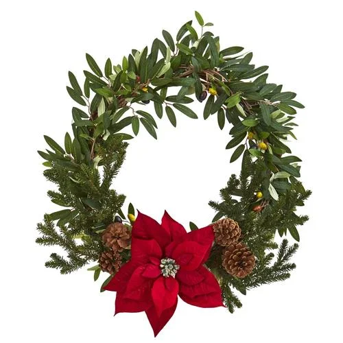 Christmas Magical Holiday Atmosphere 20" Olive with Poinsettia Artificial Wreath