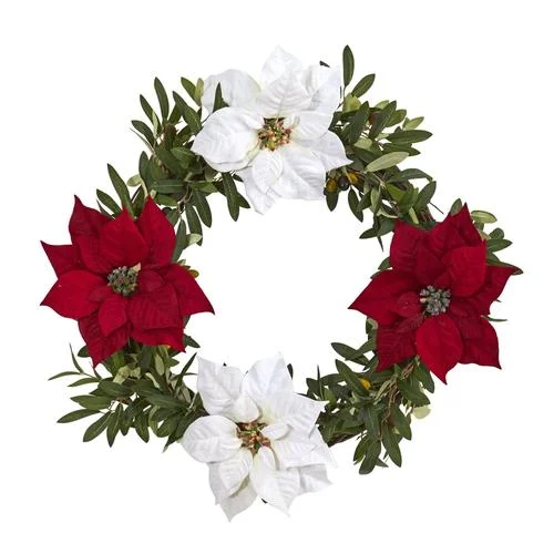 Christmas Festive Night Lights 21" Olive with Poinsettia Artificial Wreath