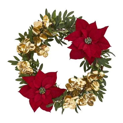 Christmas Holiday Street Decorations 21" Olive, Poinsettia and Gold Eucalyptus Artificial Wreath Christmas Holiday Street Decorations 21" Olive, Poinsettia and Gold Eucalyptus Artificial Wreath