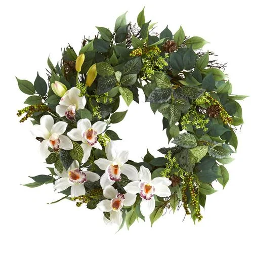 Christmas Movie Night 23" Mixed Greens and Cymbidium Orchid Artificial Wreath