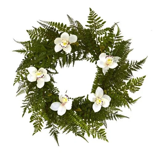 Christmas Cozy Winter Nights 24" Mixed Fern and Cymbidium Orchid Artificial Wreath