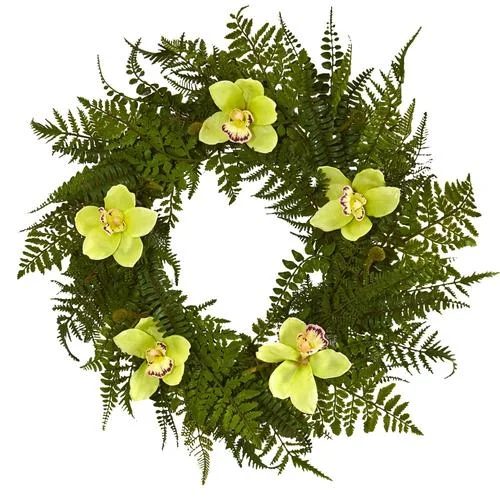 Christmas Pine Tree 24" Mixed Fern and Cymbidium Orchid Artificial Wreath