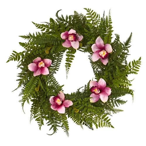 Christmas Enchanting Celebrations 24" Mixed Fern and Cymbidium Orchid Artificial Wreath