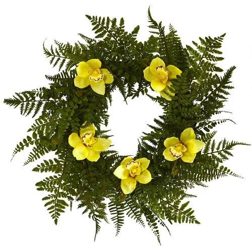Christmas Holiday Gathering 24" Mixed Fern and Cymbidium Orchid Artificial Wreath