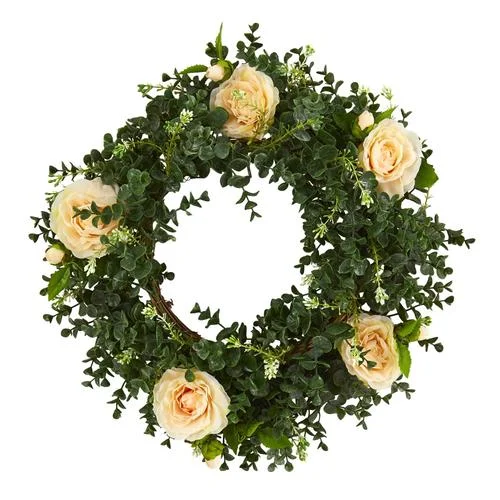 Cozy Christmas 18" Eucalyptus and Camellia Double Ring Artificial Wreath with Twig Base Cozy Christmas 18" Eucalyptus and Camellia Double Ring Artificial Wreath with Twig Base