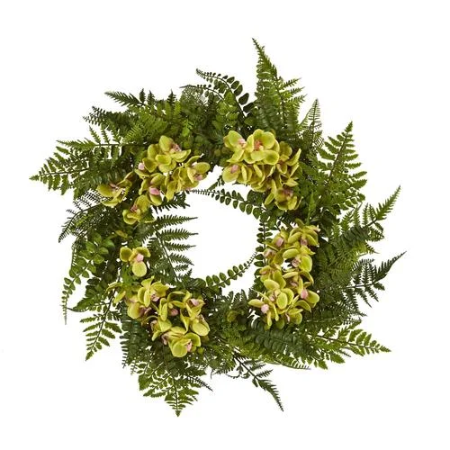Christmas Sparkly Fairy Lights 24" Mixed Fern and Phalaenopsis Orchid Artificial Wreath Christmas Sparkly Fairy Lights 24" Mixed Fern and Phalaenopsis Orchid Artificial Wreath
