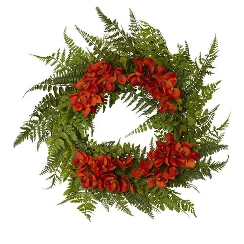 Christmas Holiday Fun 24" Mixed Fern and Phalaenopsis Orchid Artificial Wreath