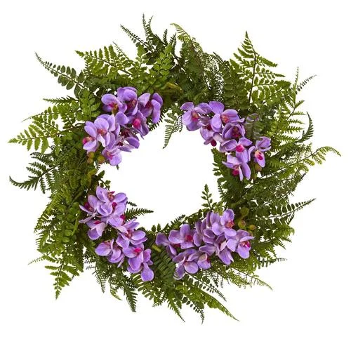 Christmas Garland 24" Mixed Fern and Phalaenopsis Orchid Artificial Wreath