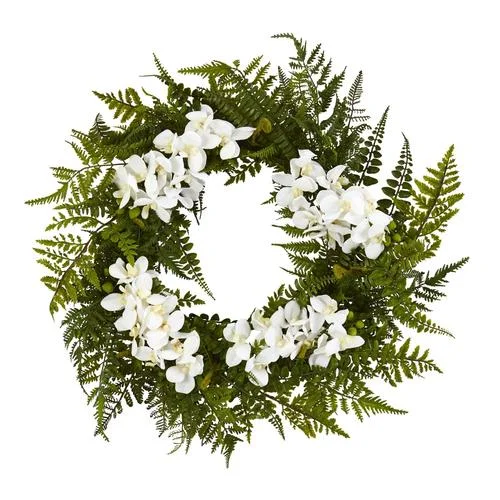 Christmas Jolly Time 24" Mixed Fern and Phalaenopsis Orchid Artificial Wreath