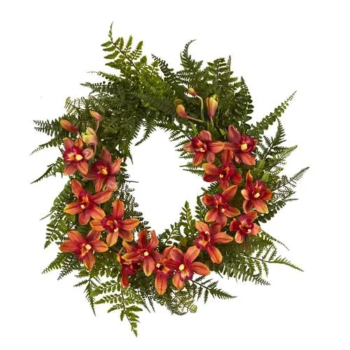 Christmas Centerpiece 24" Mixed Fern and Cymbidium Orchid Artificial Wreath
