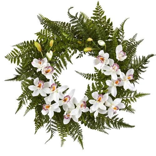 Christmas Hot Chocolate 24" Mixed Fern and Cymbidium Orchid Artificial Wreath