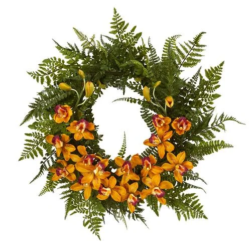 Christmas Gingerbread 24" Mixed Fern and Cymbidium Orchid Artificial Wreath