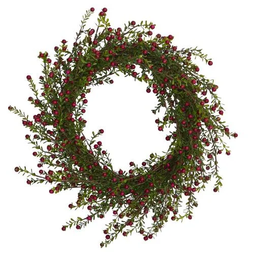 Christmas Sparkling Holiday Glow 20" Boxwood and Berries Artificial Wreath