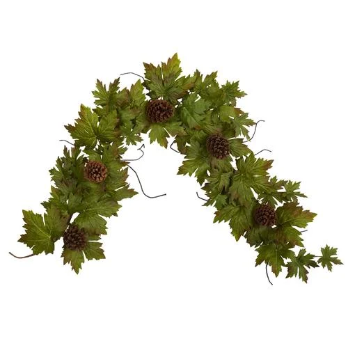 Christmas Warming Cocoa Sips 5' Fall Maple Leaf with Pine Cones Artificial Garland