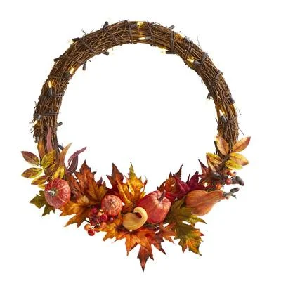 Christmas Party 22" Pumpkin and Maple Artificial Autumn Wreath with 50 Warm White LED Lights Christmas Party 22" Pumpkin and Maple Artificial Autumn Wreath with 50 Warm White LED Lights