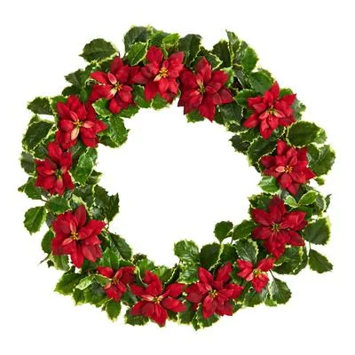 Holiday Cheer 21" Poinsettia and Variegated Holly Artificial Christmas Wreath