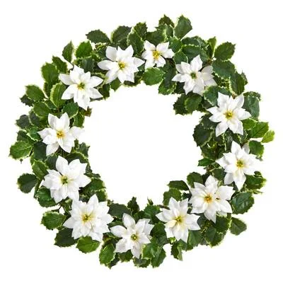 21" Poinsettia and Variegated Holly Artificial Christmas Wreath