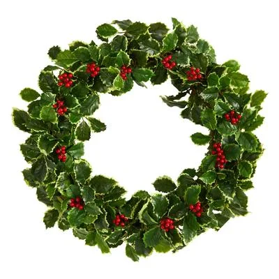 Christmas Fireplace 22" Variegated Holly Leaf with Berries Artificial Christmas Wreath Christmas Fireplace 22" Variegated Holly Leaf with Berries Artificial Christmas Wreath