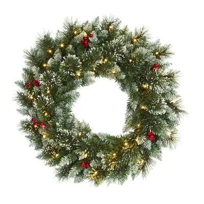 Christmas Tree Decorations 24" Frosted Swiss Pine Artificial Wreath with 35 Clear LED Lights and Berries Christmas Tree Decorations 24" Frosted Swiss Pine Artificial Wreath with 35 Clear LED Lights and Berries