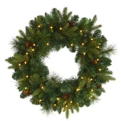 Holiday Fun 24" Mixed Pine Artificial Christmas Wreath with 35 Clear LED Lights and Pinecones Holiday Fun 24" Mixed Pine Artificial Christmas Wreath with 35 Clear LED Lights and Pinecones
