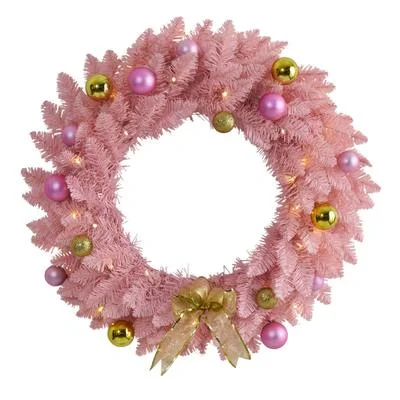Christmas Pinecones 24" Pink Artificial Christmas Wreath with 35 LED Lights and Ornaments Christmas Pinecones 24" Pink Artificial Christmas Wreath with 35 LED Lights and Ornaments