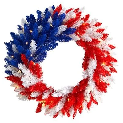 Christmas Joy 24" Patriotic Red, White and Blue “Americana" Wreath with 35 Warm LED Lights Christmas Joy 24" Patriotic Red, White and Blue “Americana" Wreath with 35 Warm LED Lights