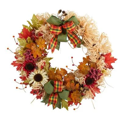 Santa Claus 30" Harvest Autumn Sunflower, Maple Leaves and Berries Artificial Fall Wreath with Decorative Bows