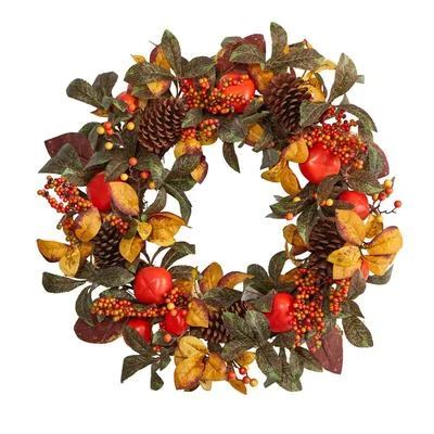 Christmas Music 26" Autumn Persimmon and Pinecones Artificial Fall Wreath