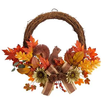 Christmas Bells 26" Fall Harvest Artificial Autumn Wreath with Twig Base and Bunny