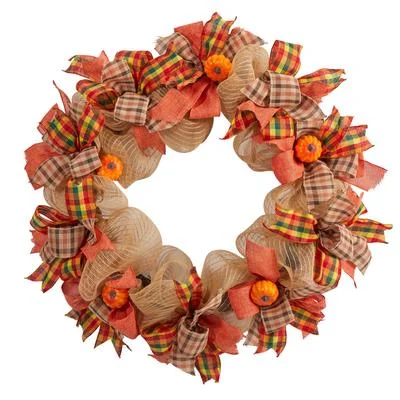 30" Autumn Pumpkin with Decorative Bows Artificial Fall Wreath