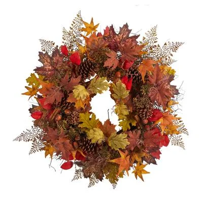 30" Autumn Maple Leaves, Acorn, Pinecones and Cinnamon Sticks Artificial Fall Wreath