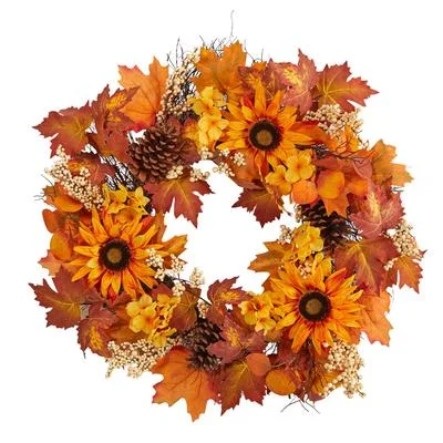 28" Autumn Maple Leaves, Sunflower, White Berries and Pinecones Artificial Fall Wreath