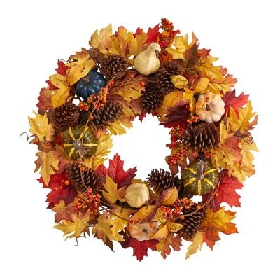 26" Fall Pumpkin, Gourd, Pinecone and Maple Leaf Artificial Autumn Wreath